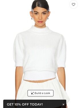 bobi White Fuzzy Short-Sleeve Mock Neck Sweater